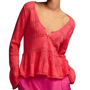 NWT PILCRO Long Sleeve Pointelle Babydoll Button Front Sweater Size Small